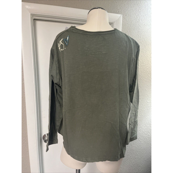 Women’s  Embroidered Blouse Green Distressed Kyla Seo comfort - Picture 7 of 12